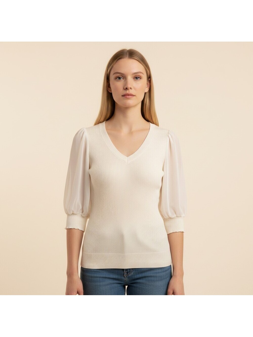 New Design History Blouse Women M Medium Beige V-Neck 3/4 Sleeve Rayon Casual
